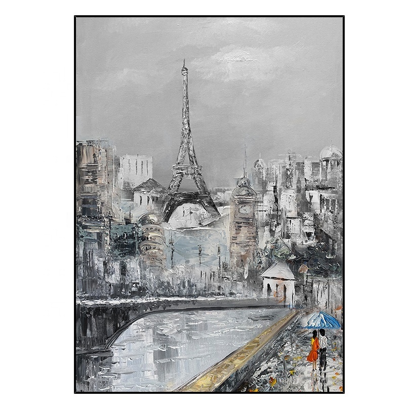 Tourist City Oil Painting Art Pure hand-painted urban architecture black and white grey landscape painting wall art decor