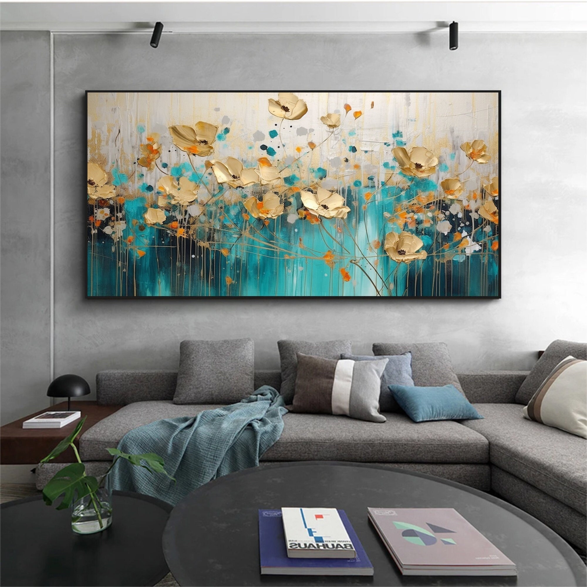 Abstract Gold Flower Oil Painting art Large Wall Art decor Floral Landscape Painting Blue Custom Painting Living room Decor