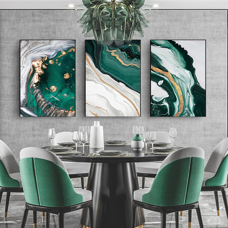 Scandinavian light luxury wall art decoration abstract dark green triptych for dining room and living room decoration