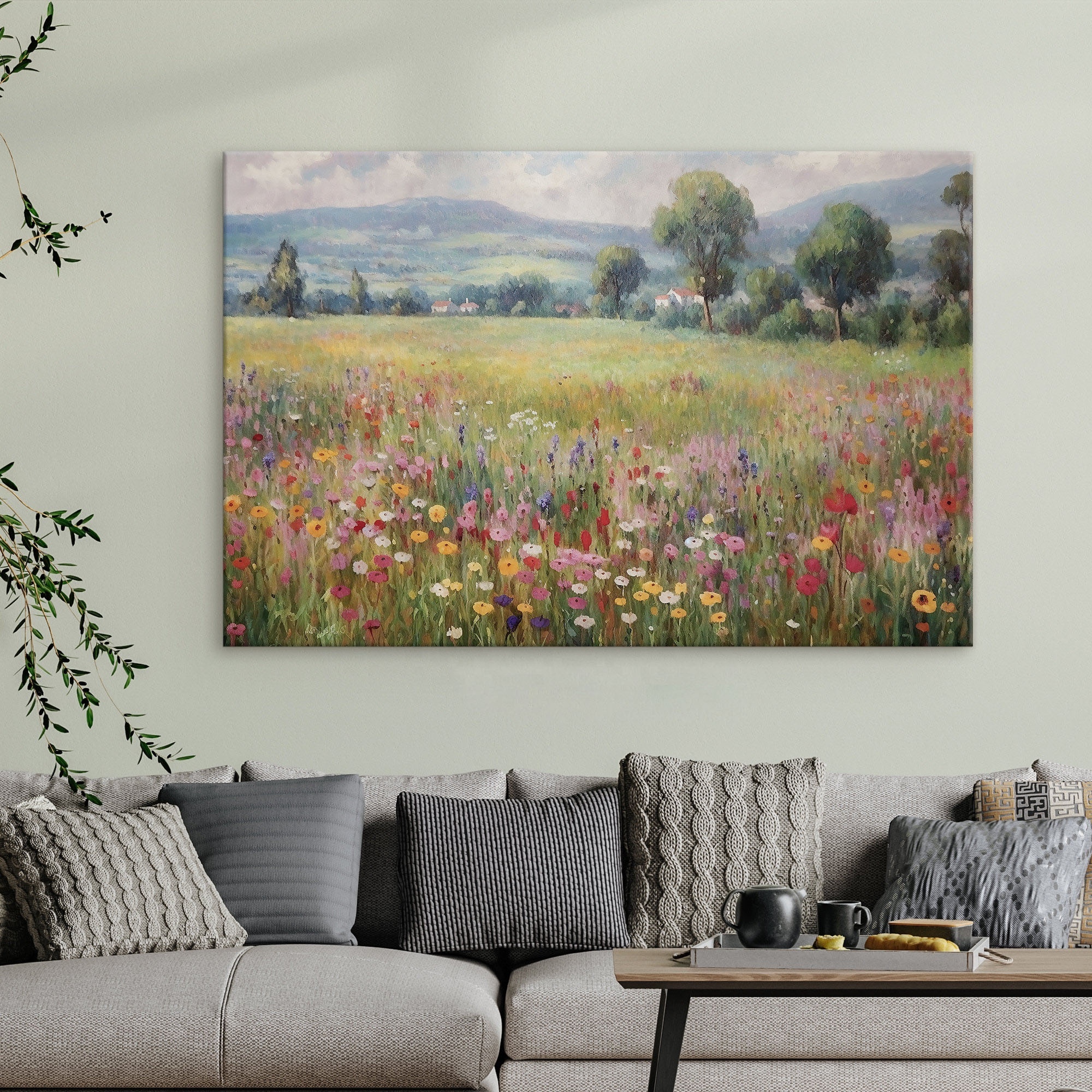 Wildflower Field Oil Painting art Landscape Painting Wall Art decor Nature Framed wall hanging Large Gallery Art