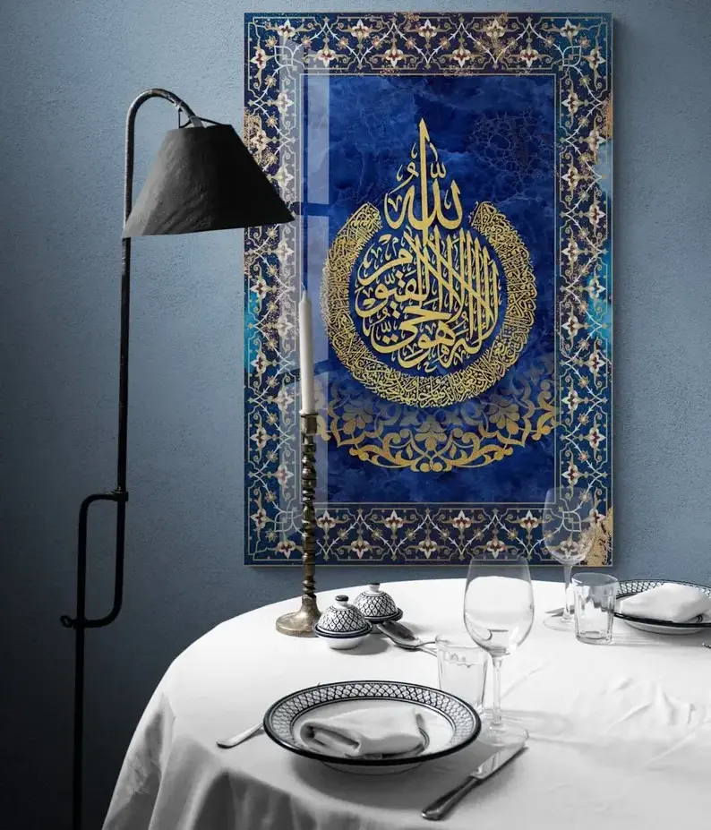 Islamic wall art blue arabic script crystal glass decorative painting for living room decoration