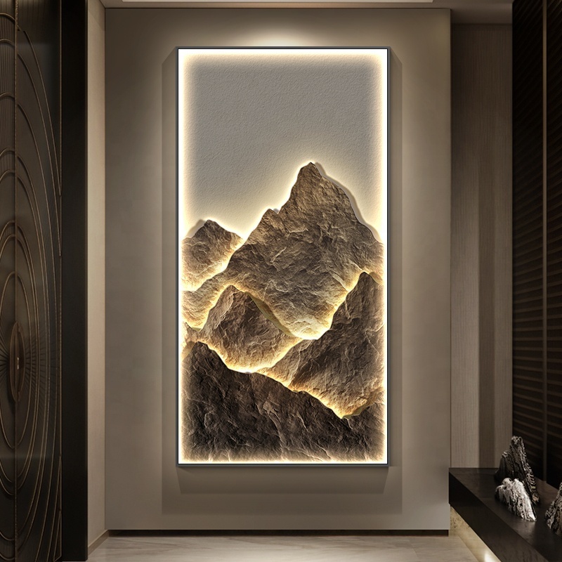 Modern Light Luxury wall art decor Sunshine Gold Mountain Luminous Crystal Porcelain Painting led wall artfor  Hotel Decoration