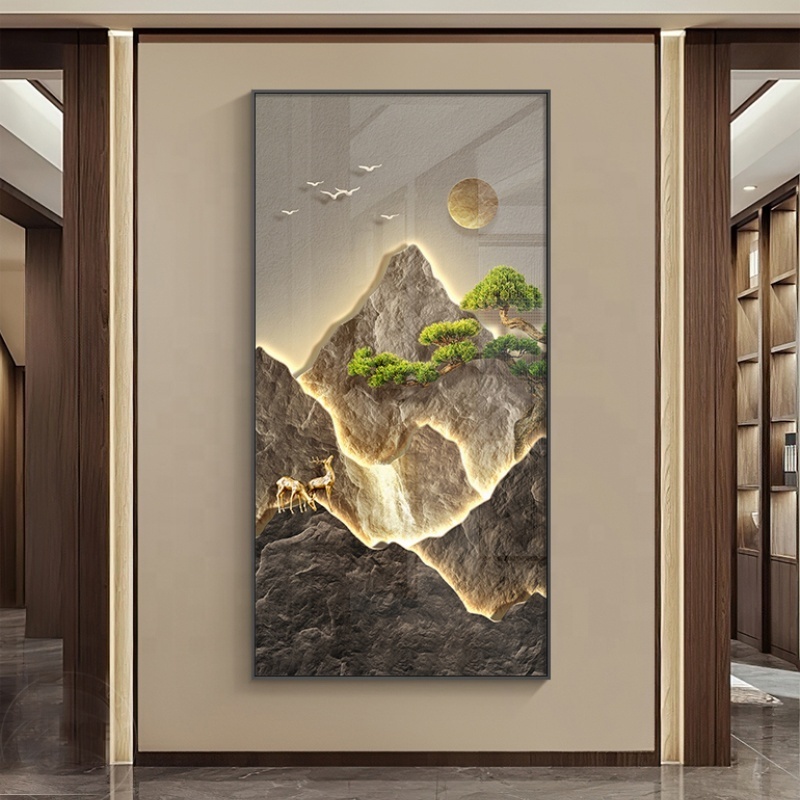 Modern Light Luxury wall art decor Sunshine Gold Mountain Luminous Crystal Porcelain Painting led wall artfor  Hotel Decoration