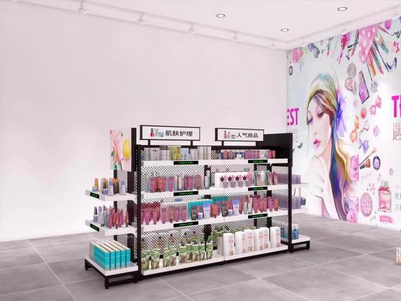 Beauty store cosmetic shop shelf display rack design makeup gondola shelves used to market suppliers