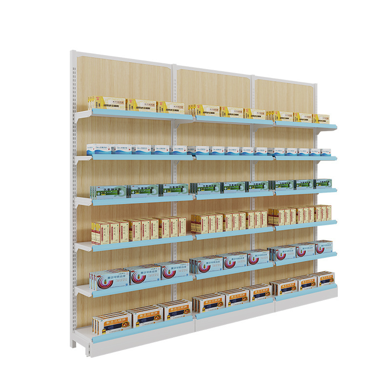 Wooden wall shelf with 6 shelves wire rack for mini market groceries products