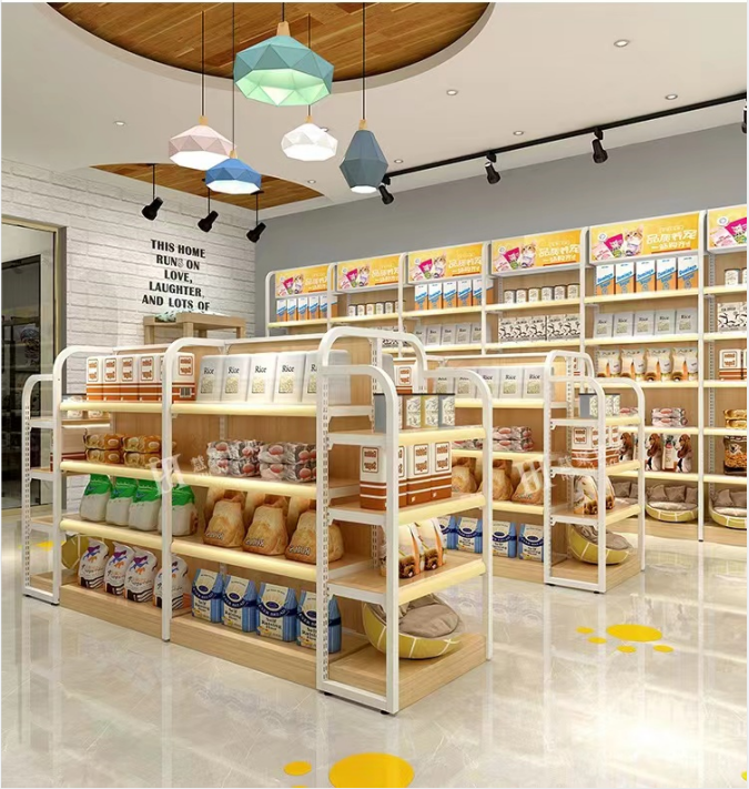 Commercial retail shelves tilted gondola shelving for grocery store/pet shop/snack shop