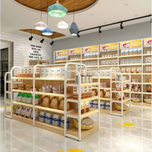 Commercial retail shelves tilted gondola shelving for grocery store/pet shop/snack shop