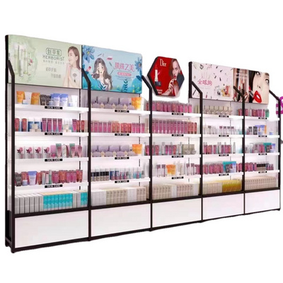 Beauty store cosmetic shop shelf display rack design makeup gondola shelves used to market suppliers