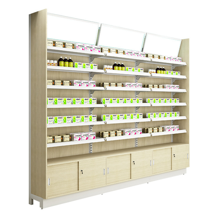 Wooden wall shelf with 6 shelves wire rack for mini market groceries products