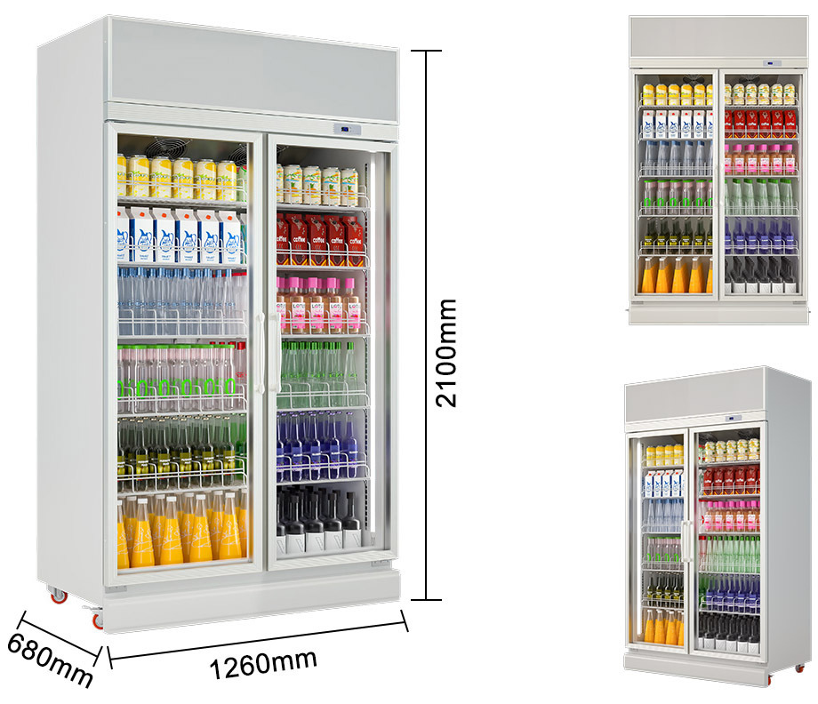 Supermarket commercial stand glass side by side double doors refrigerator