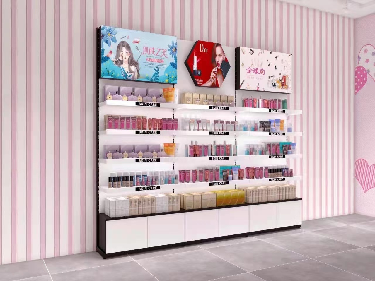 Beauty store cosmetic shop shelf display rack design makeup gondola shelves used to market suppliers