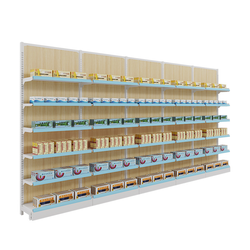 Wooden wall shelf with 6 shelves wire rack for mini market groceries products