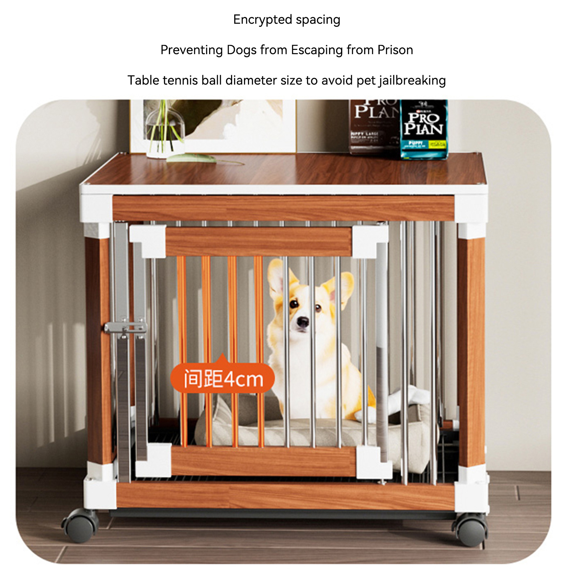 MOFESIPI Stainless Steel Wooden Dog Cage Ventilated Durable Dog Crate with Wheels and Tray Dog Kennel for Middle Large