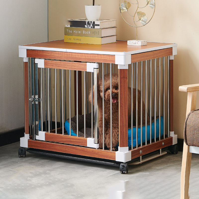 MOFESIPI Stainless Steel Wooden Dog Cage Ventilated Durable Dog Crate with Wheels and Tray Dog Kennel for Middle Large