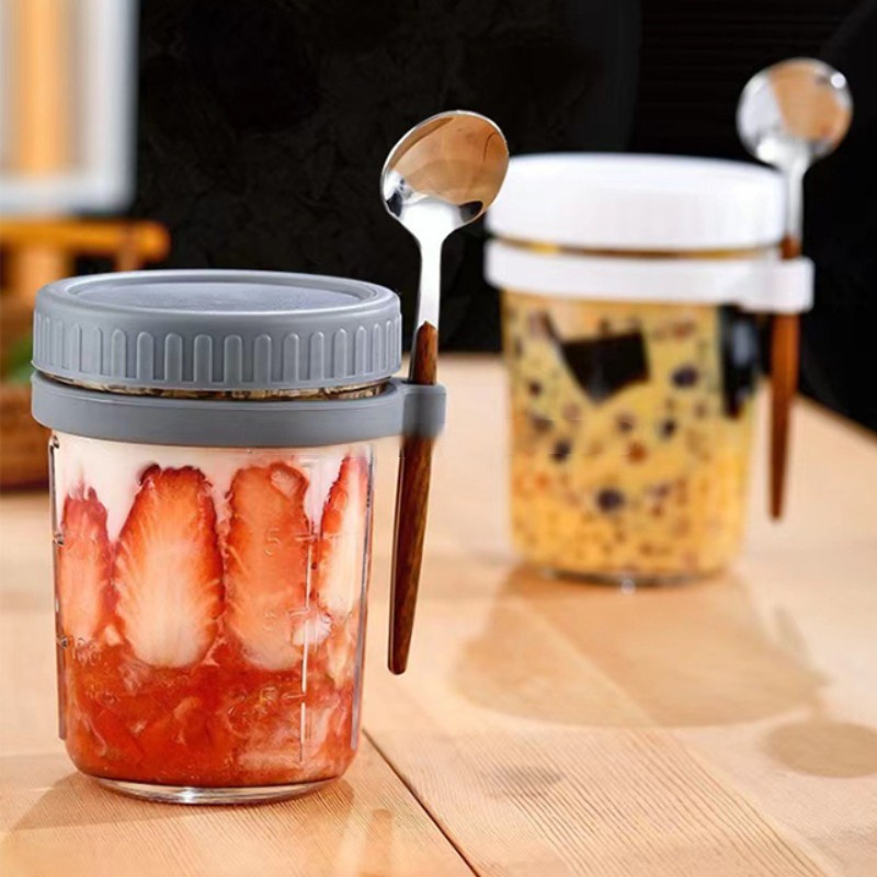 Portable 10oz 16oz Glass Mason Overnight Oats Jars Airtight Beverage Milk Cup Salad Oats Containers With Lids And Spoon