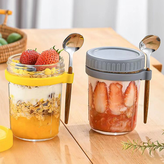 Portable 10oz 16oz Glass Mason Overnight Oats Jars Airtight Beverage Milk Cup Salad Oats Containers With Lids And Spoon