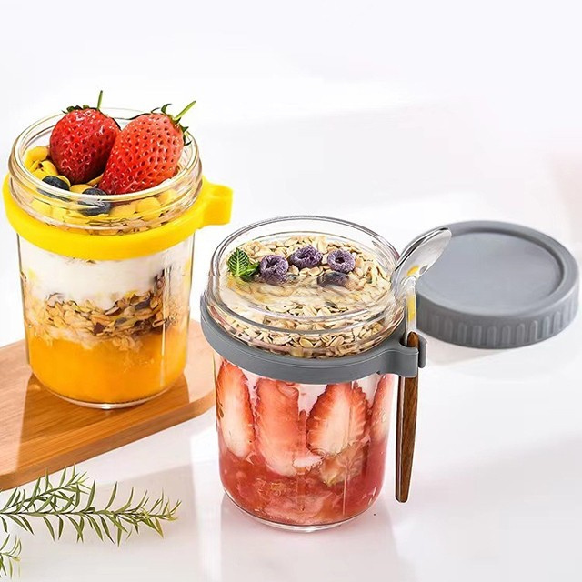 Portable 10oz 16oz Glass Mason Overnight Oats Jars Airtight Beverage Milk Cup Salad Oats Containers With Lids And Spoon