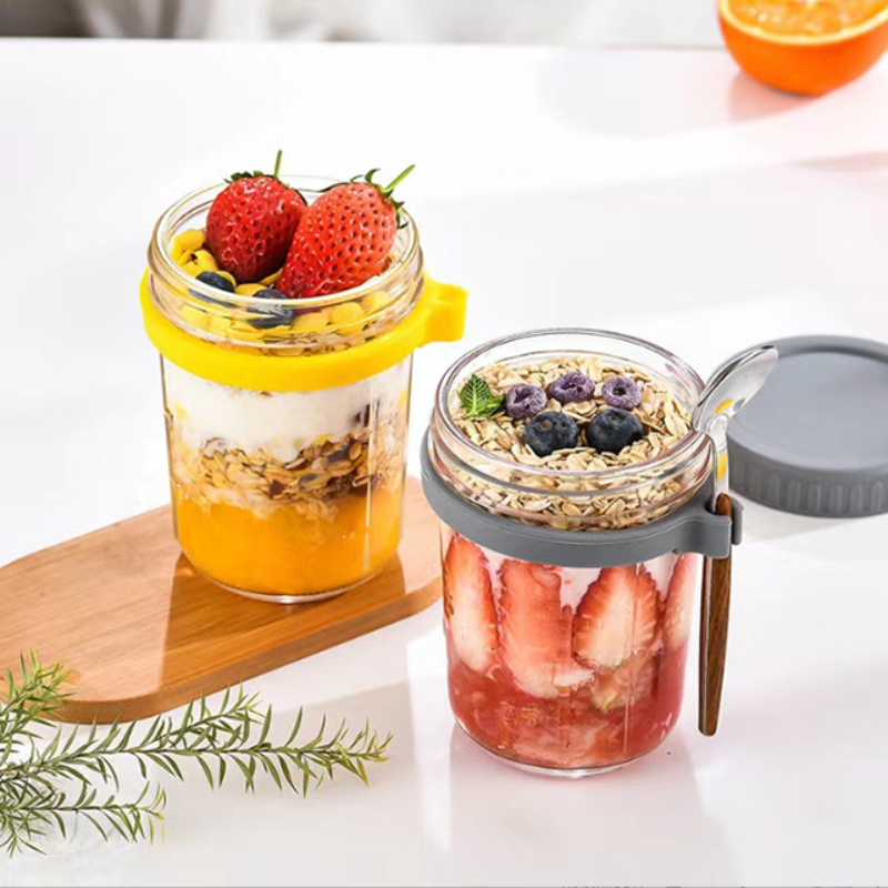 Portable 10oz 16oz Glass Mason Overnight Oats Jars Airtight Beverage Milk Cup Salad Oats Containers With Lids And Spoon