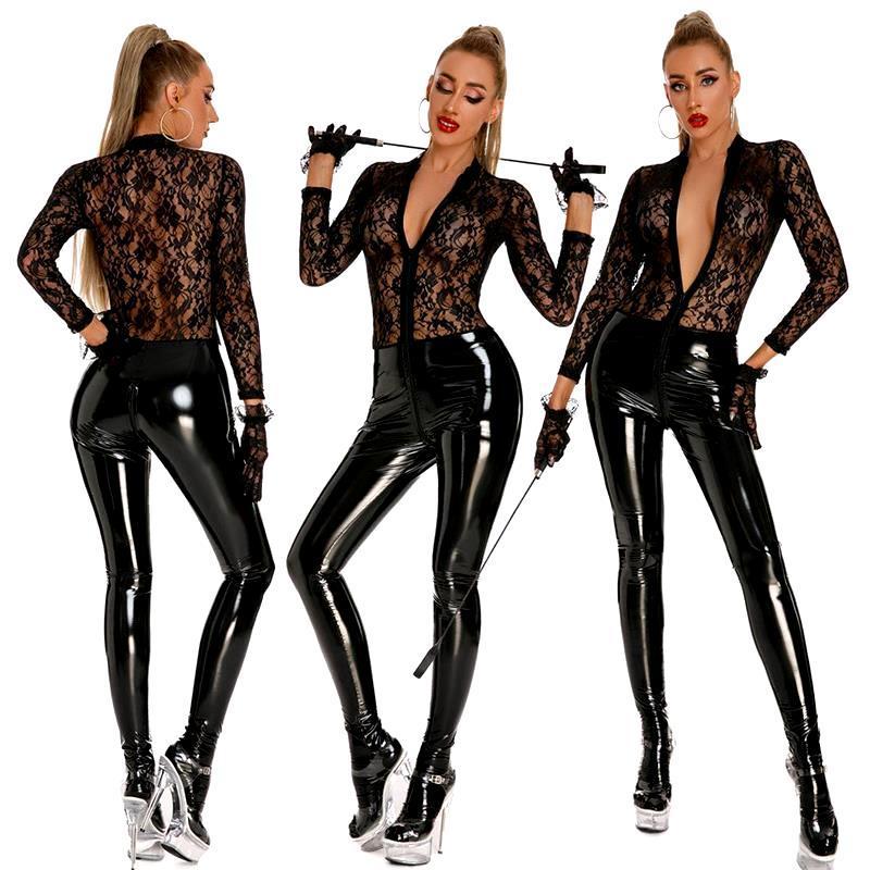 MOGlovers Sexy Corset Tight Lace Top Stitching Mirror PVC Zipper Open Crotch One Piece Jumpsuit Patent Bright Leather Bodysuit