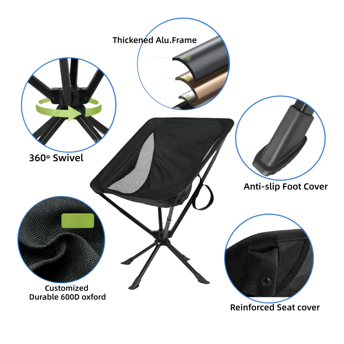 Lightweight Portable 360 Degree Swivel Rotating Cliq Chair Camping Fishing Backpack Hiking Beach Aluminium Folding Chair