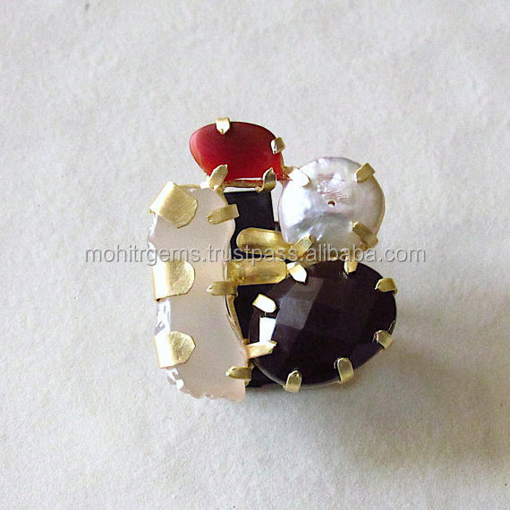 22 Ct Gold Plated White Black Rainbow And Tiger Eye Cocktail Three Rings For Womens And Girls