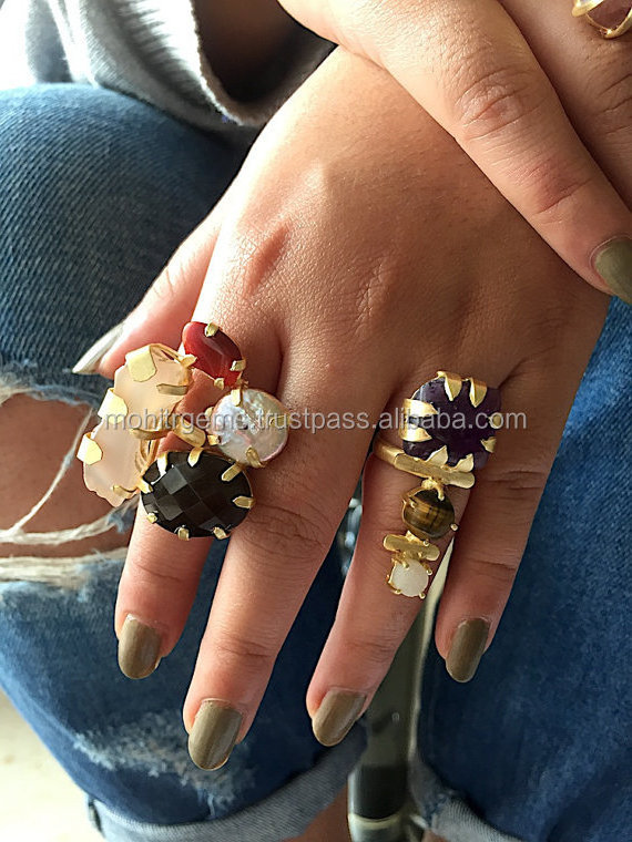 22 Ct Gold Plated White Black Rainbow And Tiger Eye Cocktail Three Rings For Womens And Girls