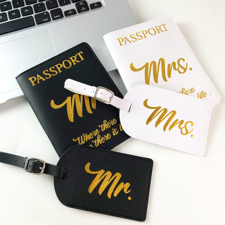 Custom Gold Stamping Logo Travel Accessories Sublimation White Vegan PU Leather Mr And Mrs Luggage Tags Passport Holder Set