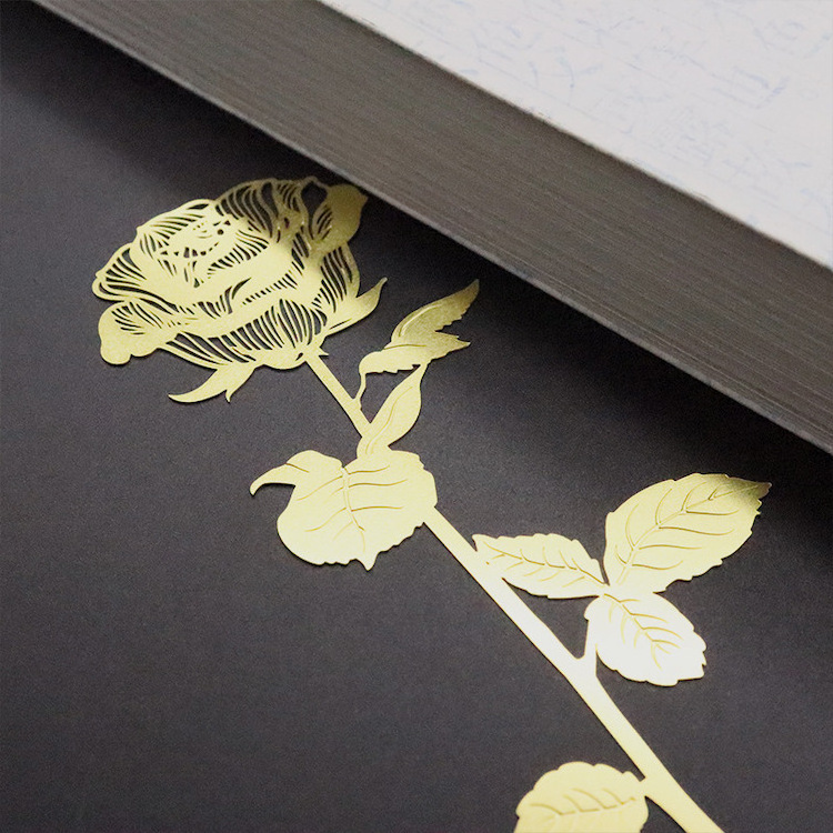 Custom High End Blank Book Mark Clip Promotional Souvenir Gift Etching Brass Plant Rose Shape Metal Bookmark