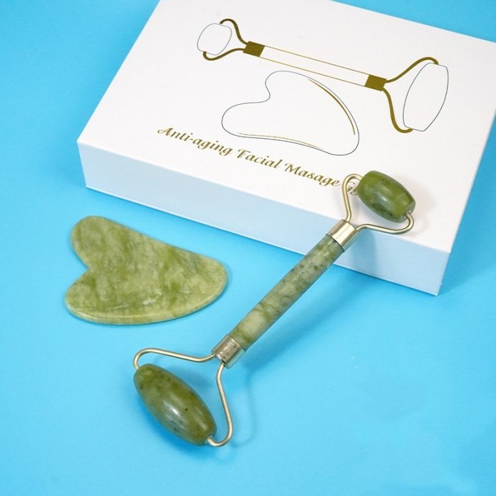 Customized Logo Green Jade Roller & Gua Sha Set Face Roller Skin Care Tools Facial Massage Jade Roller