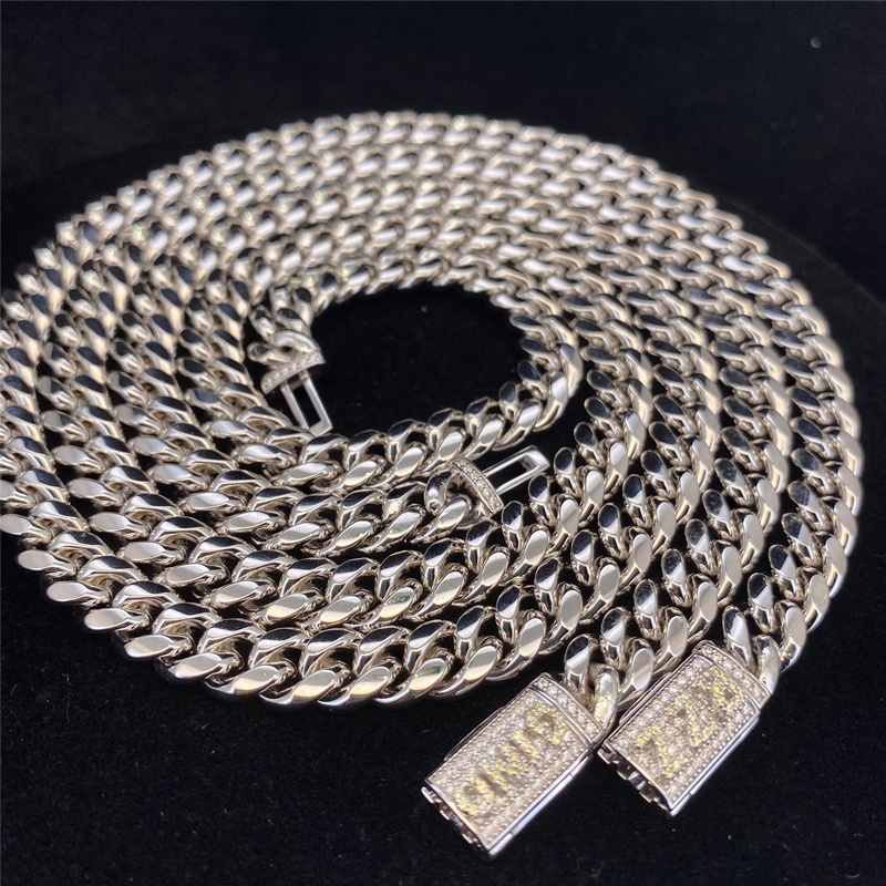 Moissanite Lock Cuban Link Chain Hip Hop Necklace 8MM Width Gold Miami Cuban Chain Shine Stainless Steel 925 Silver Cuban Chain