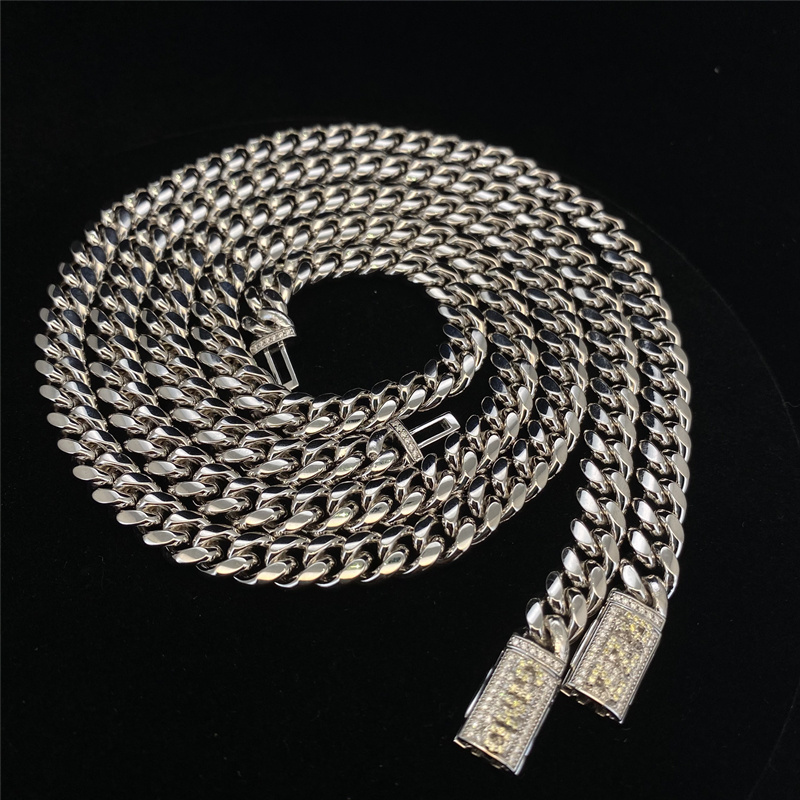 Moissanite Lock Cuban Link Chain Hip Hop Necklace 8MM Width Gold Miami Cuban Chain Shine Stainless Steel 925 Silver Cuban Chain