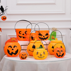 Halloween Jack-O-Lantern Scene Decorated with a variety of Expressions Wacky Pumpkin Decorations Hollowed Candle holder