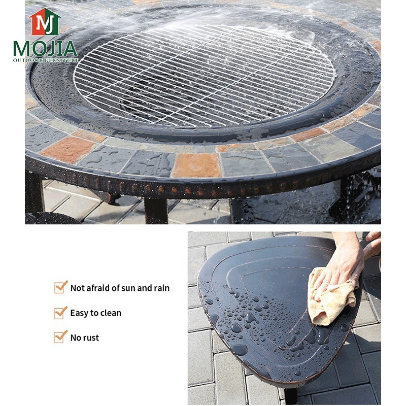 Garden die cast iron bbq table dia 100cm height 58cm with center fire pits and four chairs