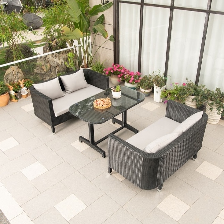 3 Pieces Modern Dining Metal Aluminum Patio Furniture Set With Wicker Rope Rattan Sofa Garden