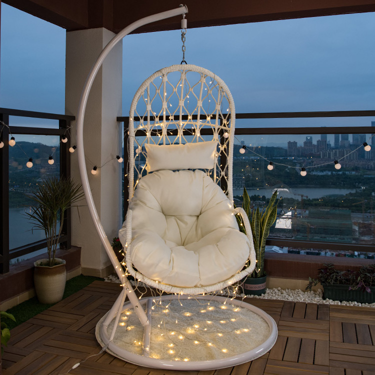 Popular outdoor home indoor plastic rattan wicker seat patio furniture garden led white hanging egg patio swings