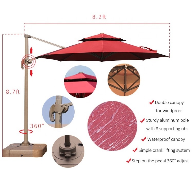 Outdoor shade cafe swingming pool restaurant 8ft round parasol aluminum offset umbrella for beach windproof