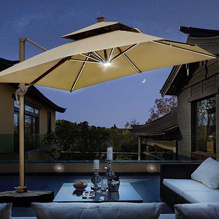 Luxury promotional double canopy umbrella 3m square parasol 10ft outdoor beach garden patio umbrella with solar led light