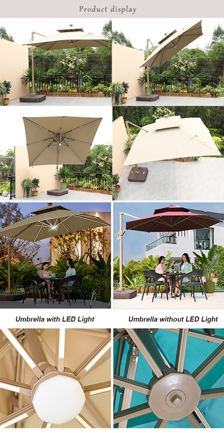 Luxury promotional double canopy umbrella 3m square parasol 10ft outdoor beach garden patio umbrella with solar led light