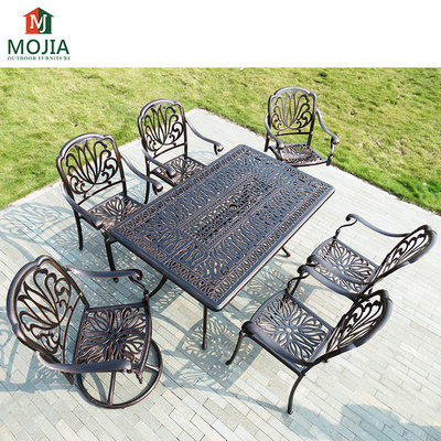 MOJIA outdoor furniture swivel armchair white dining chair metal cast aluminum rustic table patio set