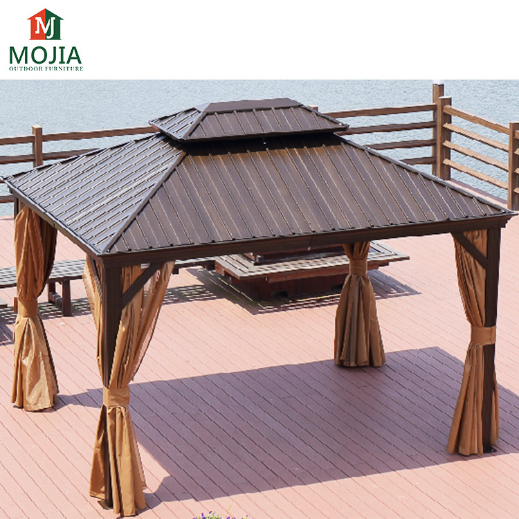 3m double canopy aluminum heavy duty outdoor patio gazebo with mosquito net & brown curtain aluminum gazeebo outdoor