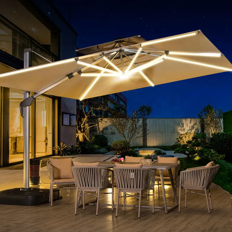 wholesale cantilever umbrella 12ft solar umbrella & base LED light parasols patio  garden outdoor furniture umbrellas nature