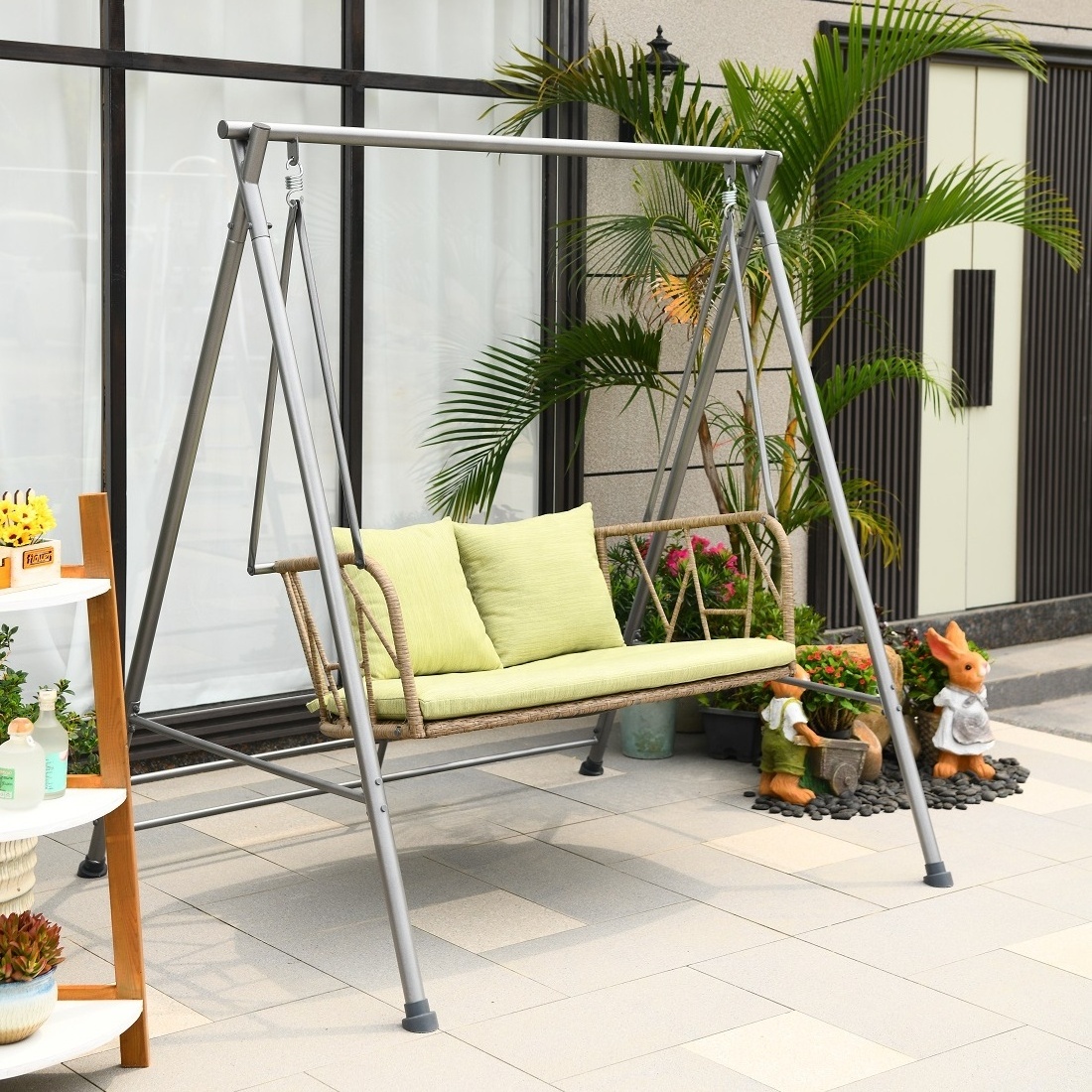 Double/Single Iron Frame Patio Swing Rattan Seat Chair for Indoor Outdoor