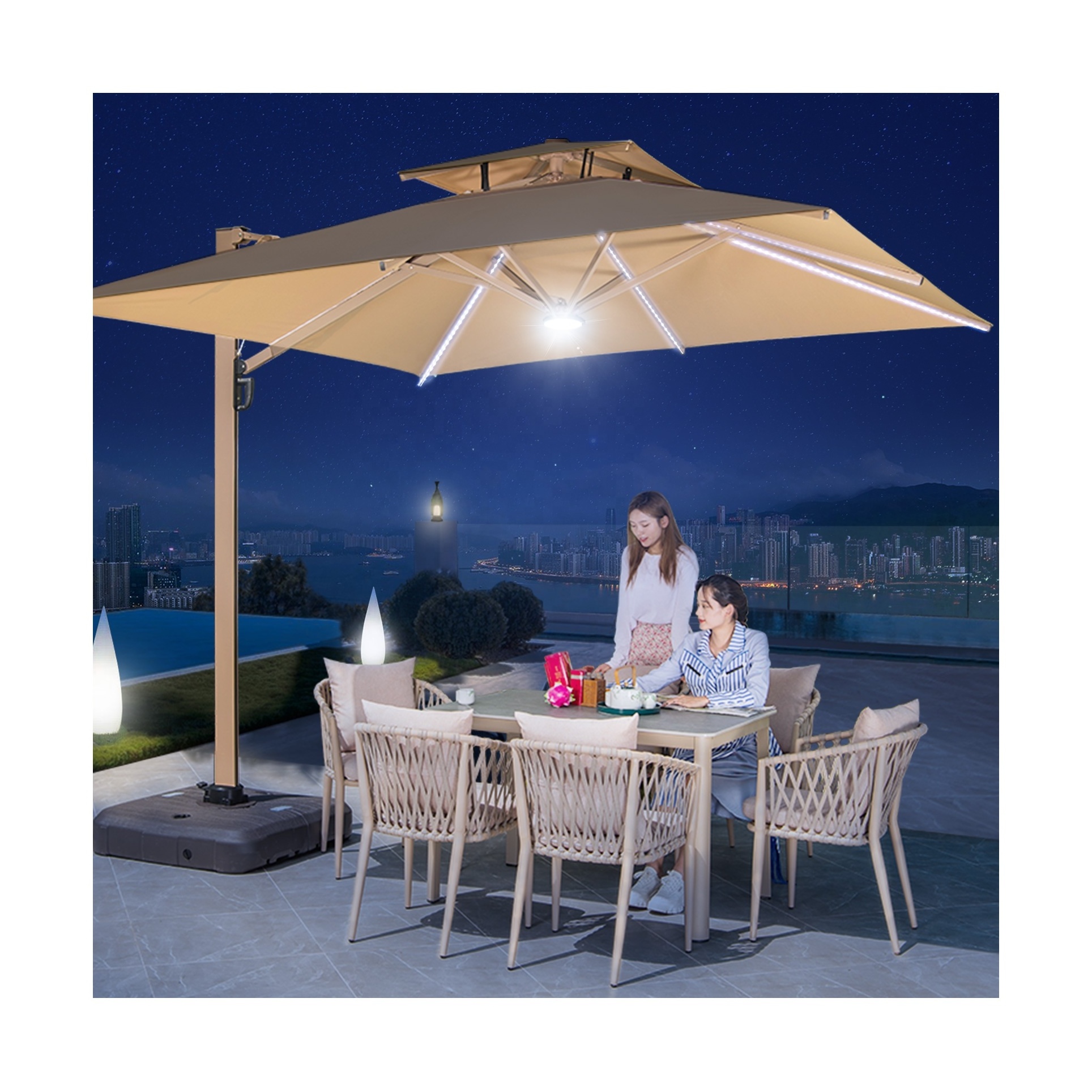 10ft Solar LED Offset Hanging parasol Hydraulic Patio Umbrella for Backyard Poolside Lawn and Garden Polyester Shade