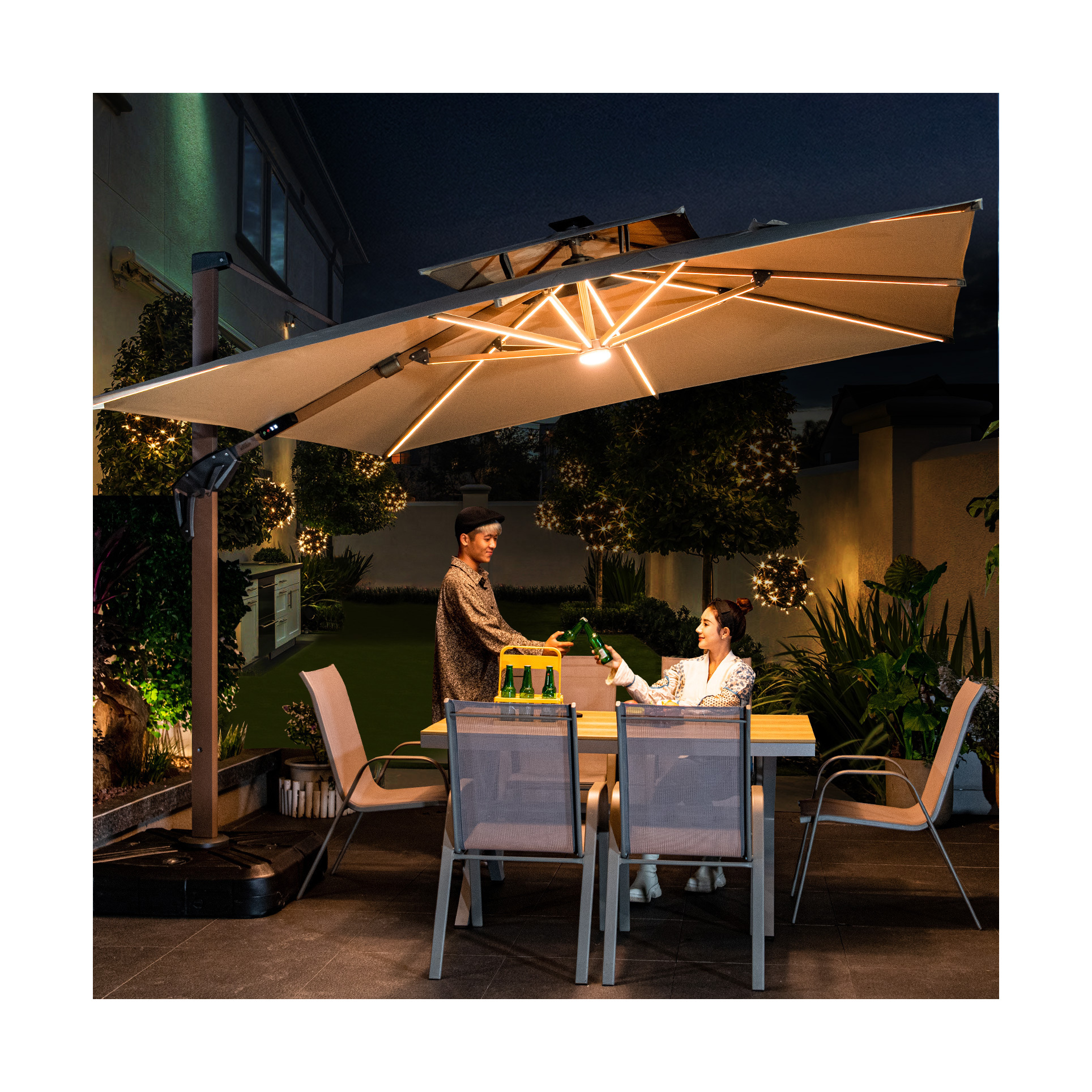 MOJIA cantilever umbrella 9FT/10FT wholesaler patio umbrella with LED lights Windy parasols for Hotel in Stock