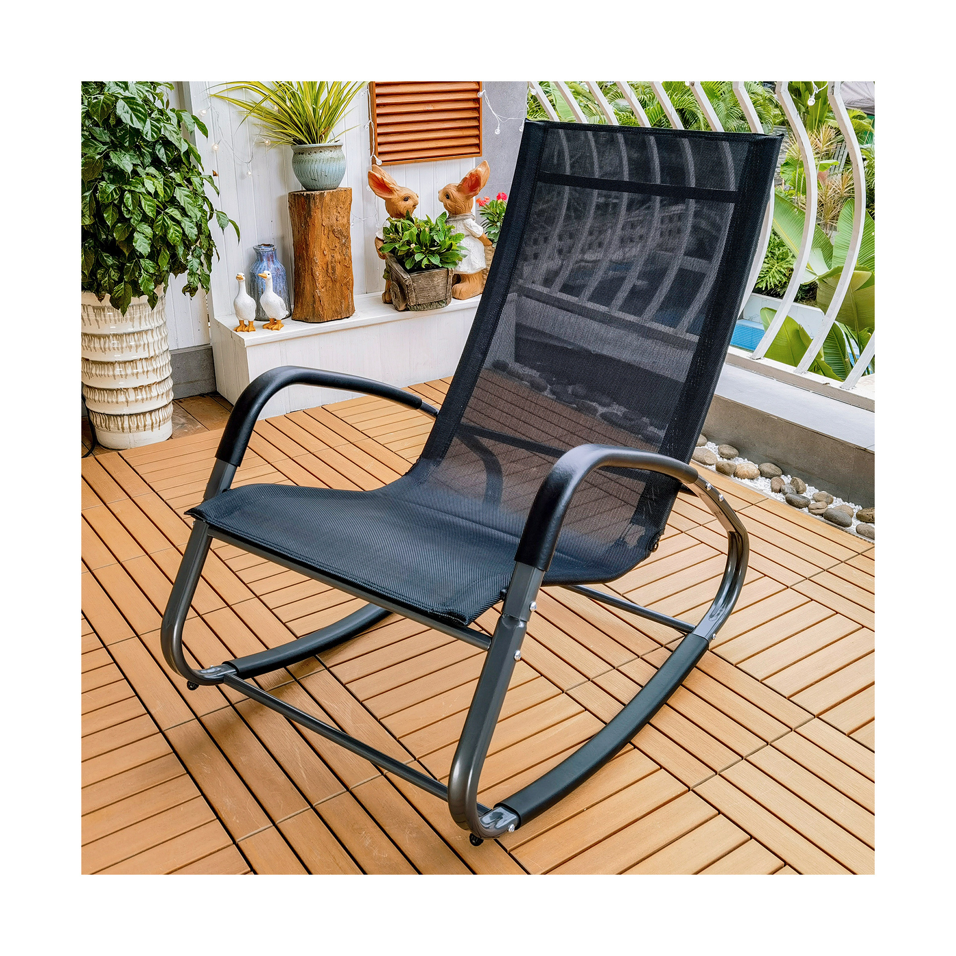 MOJIA Black Garden Rocking Chair Recliner with Cushion Indoor Sling Fabric Rocker for Patio Balcony Porch