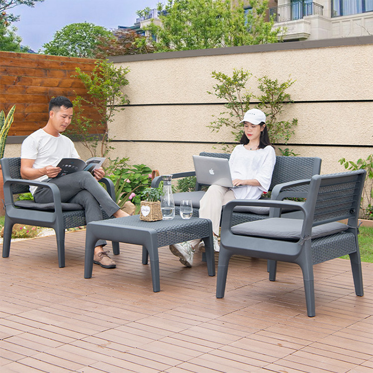 Hot grey cushion luxury comfortable poly wicker plastic rattan outdoor 4 pieces sofa furniture