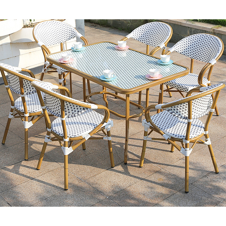 2020 hot sale 7pc Restaurant dining metal frame rattan woven white garden french bistro table and chairs