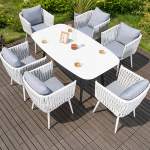 Outdoor rope weave patio furniture for garden 63 inch marble table and chairs white plastic rattan 7pc