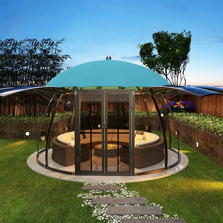 Outdoor aluminum pergola metal frame dia 6m garden gazebo with polyester sky blue canopy Anti-UV