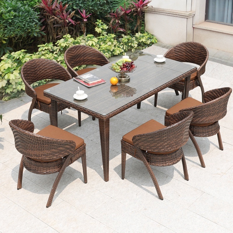 6 Seater Garden Poly Rattan Chairs Outdoor Furniture Rectangle Glass Top Dining Table Set